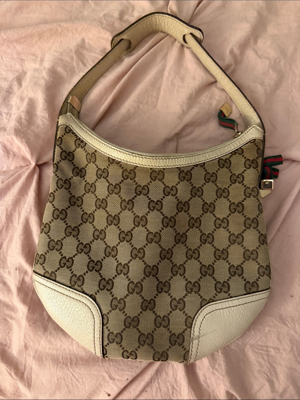 Gucci Tan Beige GG Canvas Hobo with White Leather Trim